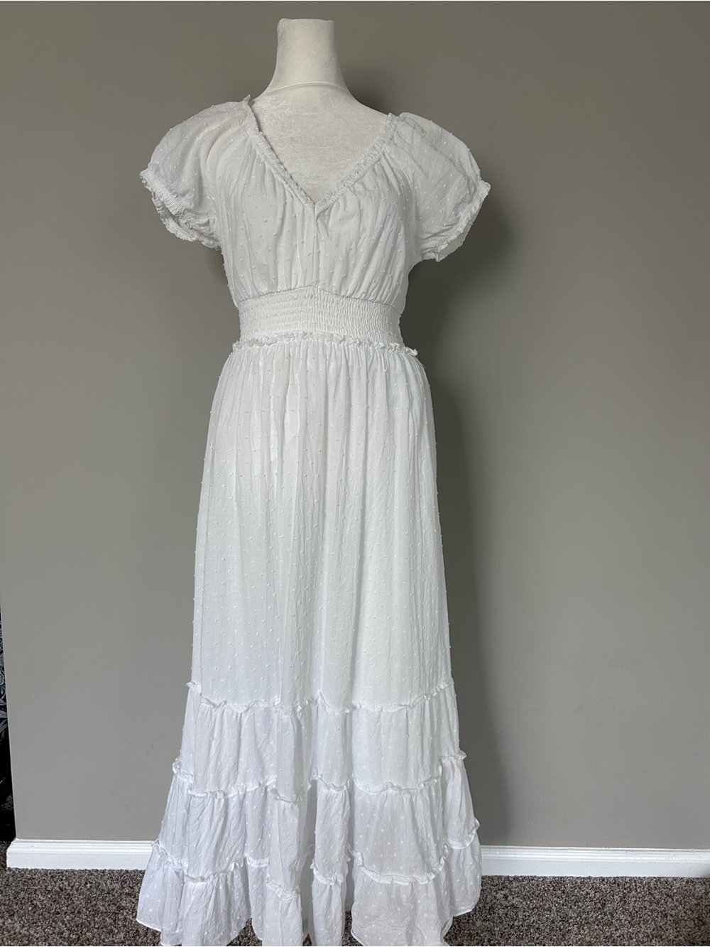 Betsey Johnson White Swiss Dot Smocked Waist Cottagecore Tiered Maxi Dress